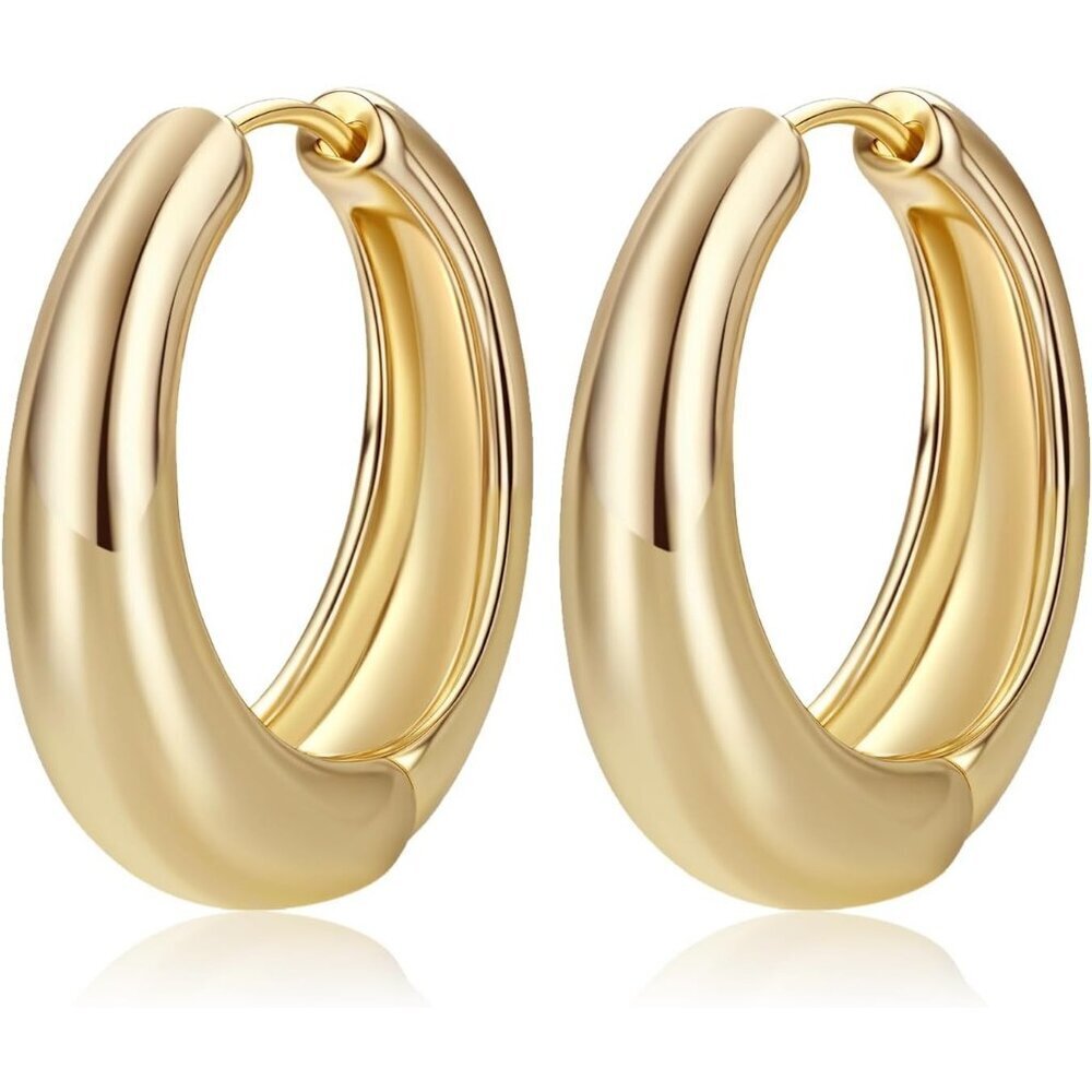 Women's 14K Gold Plated Hoop Earrings Trendy 30MM Medium Chunky Earrings